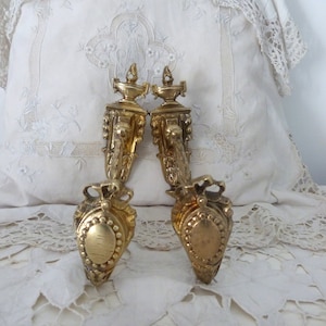 Antique French Rococo gilded bronze curtain tiebacks holdbacks for drapery decor, numbered pair w ribbon bow urns for window projects