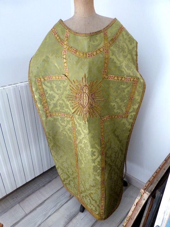 1900 green Lyon silk clergy dress priest vestment clothing church robe chasuble Antique casel casula religious IHS embroidery w gold halo