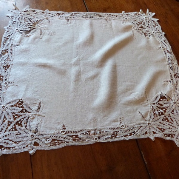 Antique French Battenburg lace tablecloth doily, handworked w monograms, white lace table cloth, French table linens, arts and craft