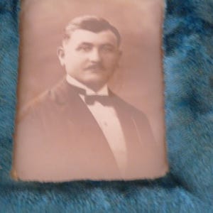 Antique French blue silk velvet picture frames w sepia picture of man, blown glass cover, 1900s Victorian picture frame, home decor gift image 3