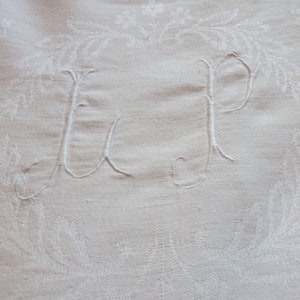White linen damask monogrammed LP French Antique tablecloth table cloth, white vintage heirloom table linens diningtable french table linens