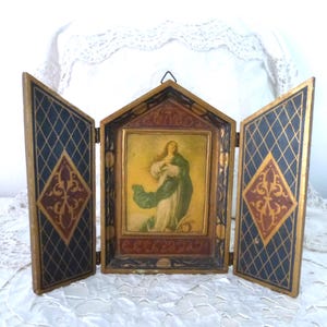 Antique Florentine Italian triptych immaculated conception madonna travel icon gilded devotional religious triptych w virgin Mary w cherubs