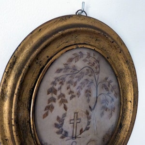 Mourning hair art frame Victorian human hair memento mori Antique French handmade relic gilded wooden frame glass, willow tree w cross 1800s image 5