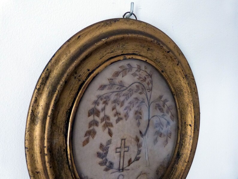 Mourning hair art frame Victorian human hair memento mori Antique French handmade relic gilded wooden frame glass, willow tree w cross 1800s image 5