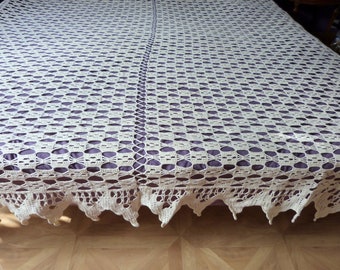 Vintage hand crocheted bedspread afghan blanket handmade French crochet bed spread throw coverlet, vintage French ecru bedding bed linens