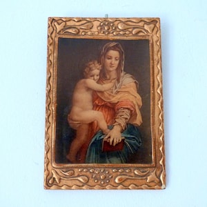 Antique Florentine frame w the holy virgin with child Jesus icon on sculptured gilded wood, devotional religious wall art frame gift