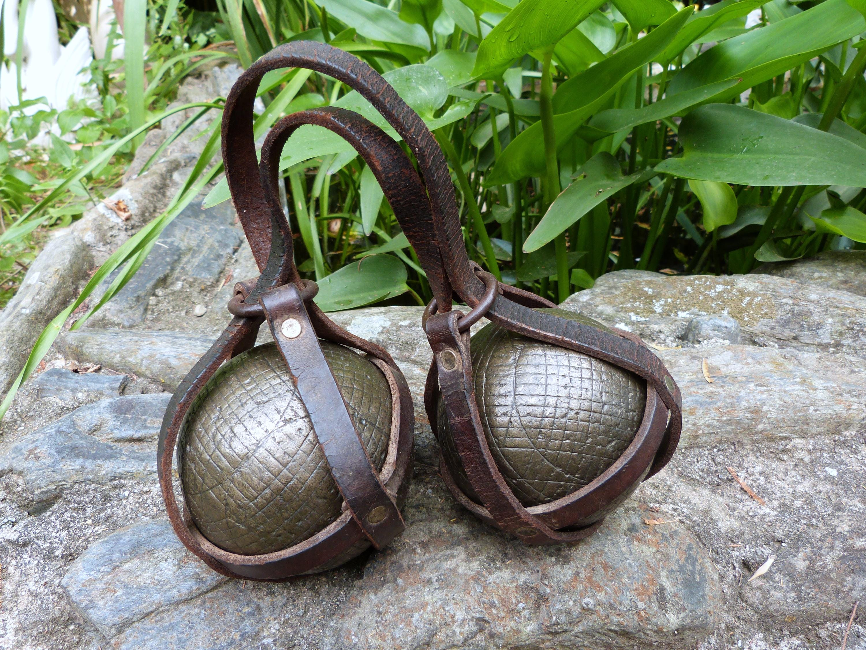 Antique French Metal Jeu De Boule Balls W Leather Carrying Strap
