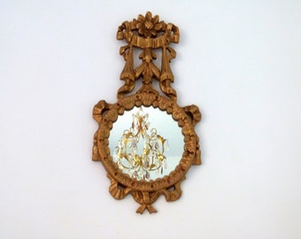 Antique French boudoir gilded wooden mirror w bows ribbons roses tassels, chic rococo gilt wood mirror wall hanging home decor gilded frame