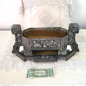 Antique French LARGE artdeco metal planter pot jardiniere w mirror stand tray w fruit strawberry decor, France, RARE center table home decor