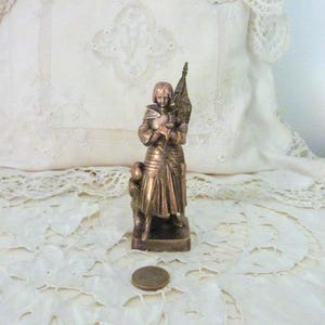 Antique French Jeanne d Arc Joan of Arc religious signed statue figurine saint figure w banner, sword, helmet, armor, French history gift