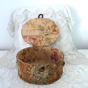 Antique French floral fabric covered box w gold wooden tassels, oval sewing keepsake jewelry box, decorative storage box, boudoir decor