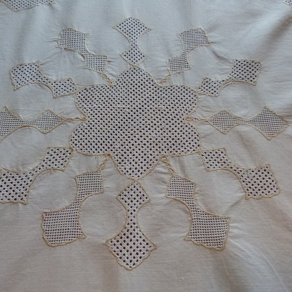 Antique French tablecloth, handworked w embroidery, openworked lace, white table cloth diningtable linens w roses, arts and craft
