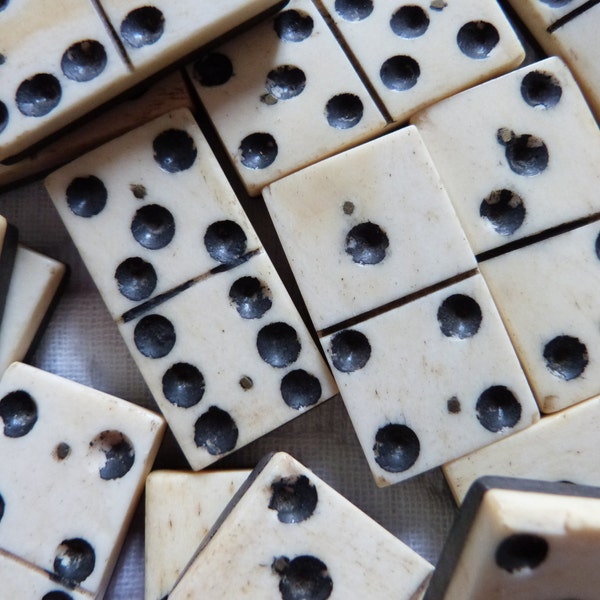 Antique French ivory ebony domino set, 1800s vintage domino game in bag, antique toy game, wooden ivory dominoes set