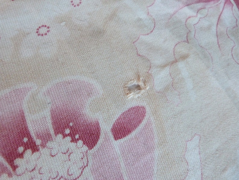 Antique French floral barkcloth fabric w flowers romantic ecru w pink fabric floral design vintage sewing fabric patchwork upholstery supply