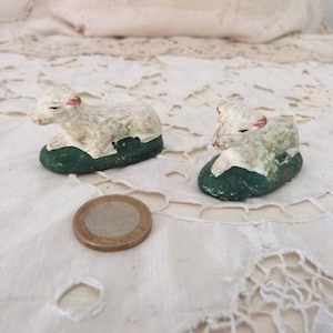 Pair 1900s handpainted sheep agnus dei nativity creche antique French easter lamb figurine Christmas tree stocking holiday home decor gift
