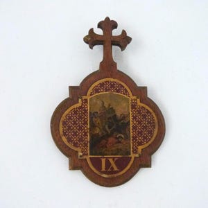 Antique 1900s religious wooden frame w metal station 9 of way of crosses of Jesus Christ, hand painted wall hanging art frame w crucifix