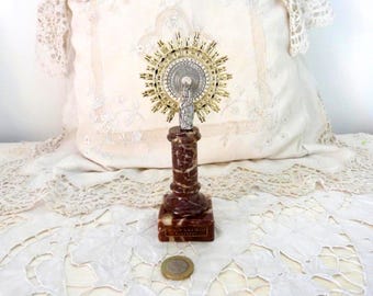 Vintage religious icon our lady of the Pillar statue sculpture Mother w infant child Jesus w starburst halo 1900 church decor on onyx base