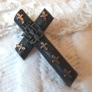 Victorian mourning jewelry crucifix cross brooch pin French 1800s antique black brooch mourning pin w fleur de lis lys, black gothic jewelry image 1