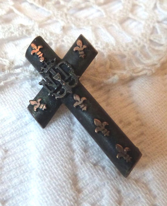Victorian mourning jewelry crucifix cross brooch pin French 1800s antique black brooch mourning pin w fleur de lis lys, black gothic jewelry