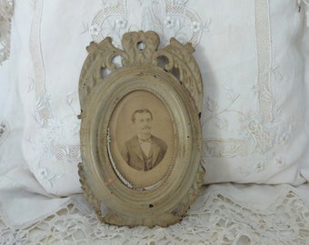 Antique French toleware picture frame w 1900s sepia picture photo of gentleman, oval metal picture frame w glass cover, French home decor