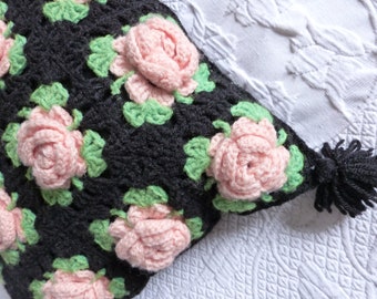 Vintage granny cushion pillow crochet pillow hand crocheted granny square cushion w roses handmade French floral design vintage retro linens