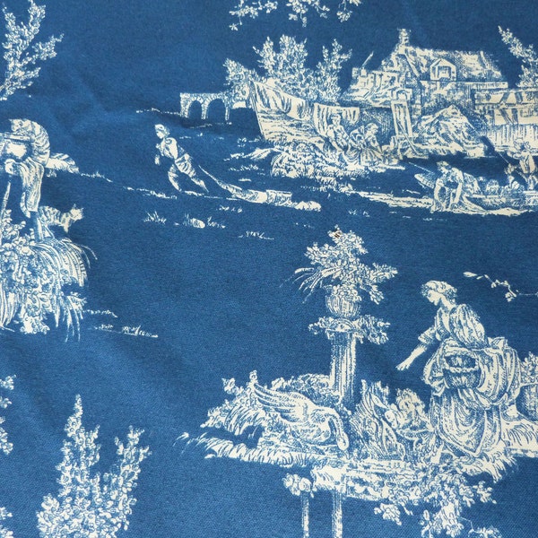 Vintage French toile de Jouy fabric blue toile fabric w country decor w people, dogs, donkey, boat, patchwork quilting sewing supply textile