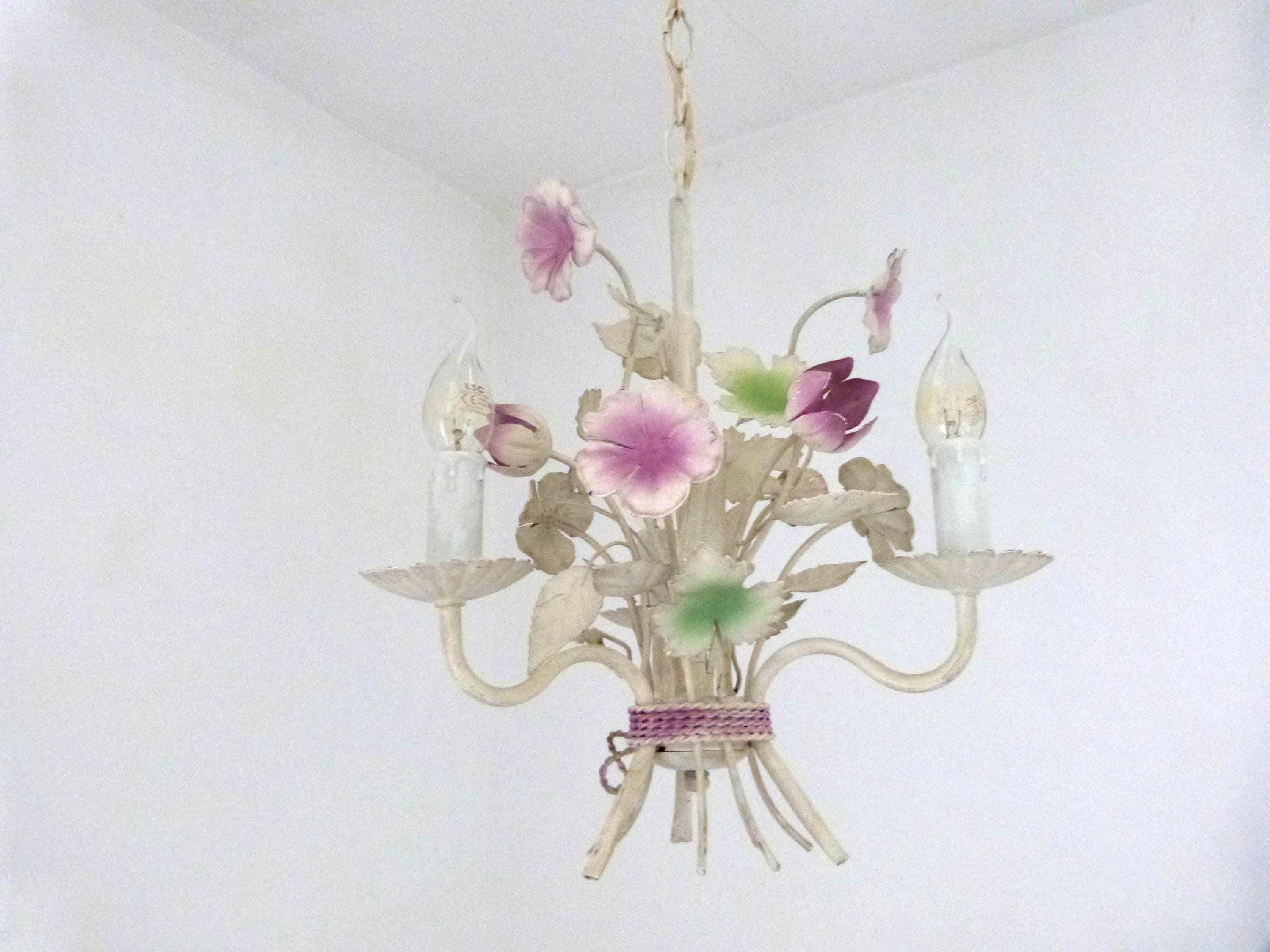 38灯 oldsea Vintage flower white Vintage French Floral Toleware Tole Chandelier Lamp W Pink Flowers