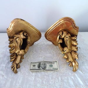 Pair Antique French gilded wooden wall console corner shelves handcarved gold tone wood w acanthus leaves 1900 French home wall hanging deco