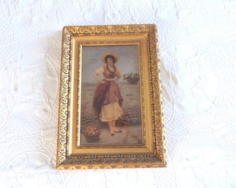 Antique Italian framed signed Eugene von Blaas reverse glass pastel painting 1800s art behind blown glass, gilded wooden frame, european art