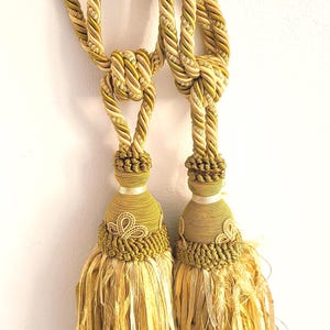 Vintage pair French yellow ecru curtain drapery tieback tie back tassel holdbacks w woven design, decorative tassels home decor