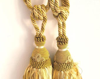 Vintage pair French yellow ecru curtain drapery tieback tie back tassel holdbacks w woven design, decorative tassels home decor
