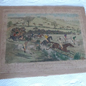 Antique English engraving gravure &quot;the Brook&quot; plate 2 horserace Northampton Grand National Steeple chase 1840 London, hand coloured