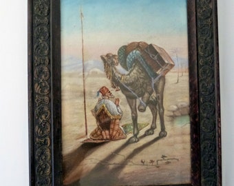 Antique Français signé orientaliste pastel art orientalisme peinture chameau, bédouin, cadre en bois avec verre, décoration murale orientale