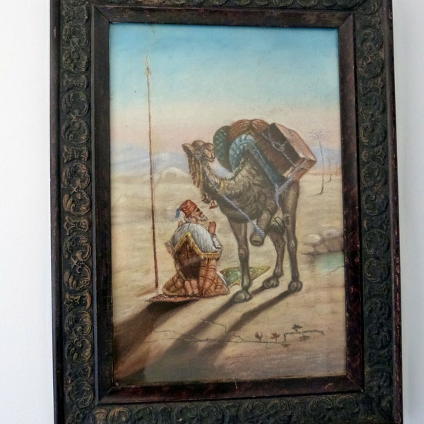 Antique Français signé orientaliste pastel art orientalisme peinture chameau, bédouin, cadre en bois avec verre, décoration murale orientale