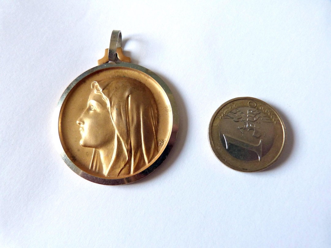 Antique XL Gilded Religious Medal Pendant W Our Lady of Lourdes Signed ...