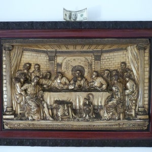 Last supper plaque art XL antique religious bas relief frame w Jesus Christ w apostle RARE framed silverplated copper sculpture wooden frame