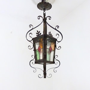 Antique French leaded glass lantern chandelier LARGE iron lighting hanging ceiling light lamp, rustic farmhouse country gothic home decor