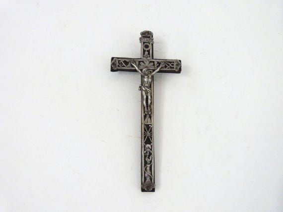 RARE Antique French 1800s Silver on Wood Crucifix Cross Corpus
