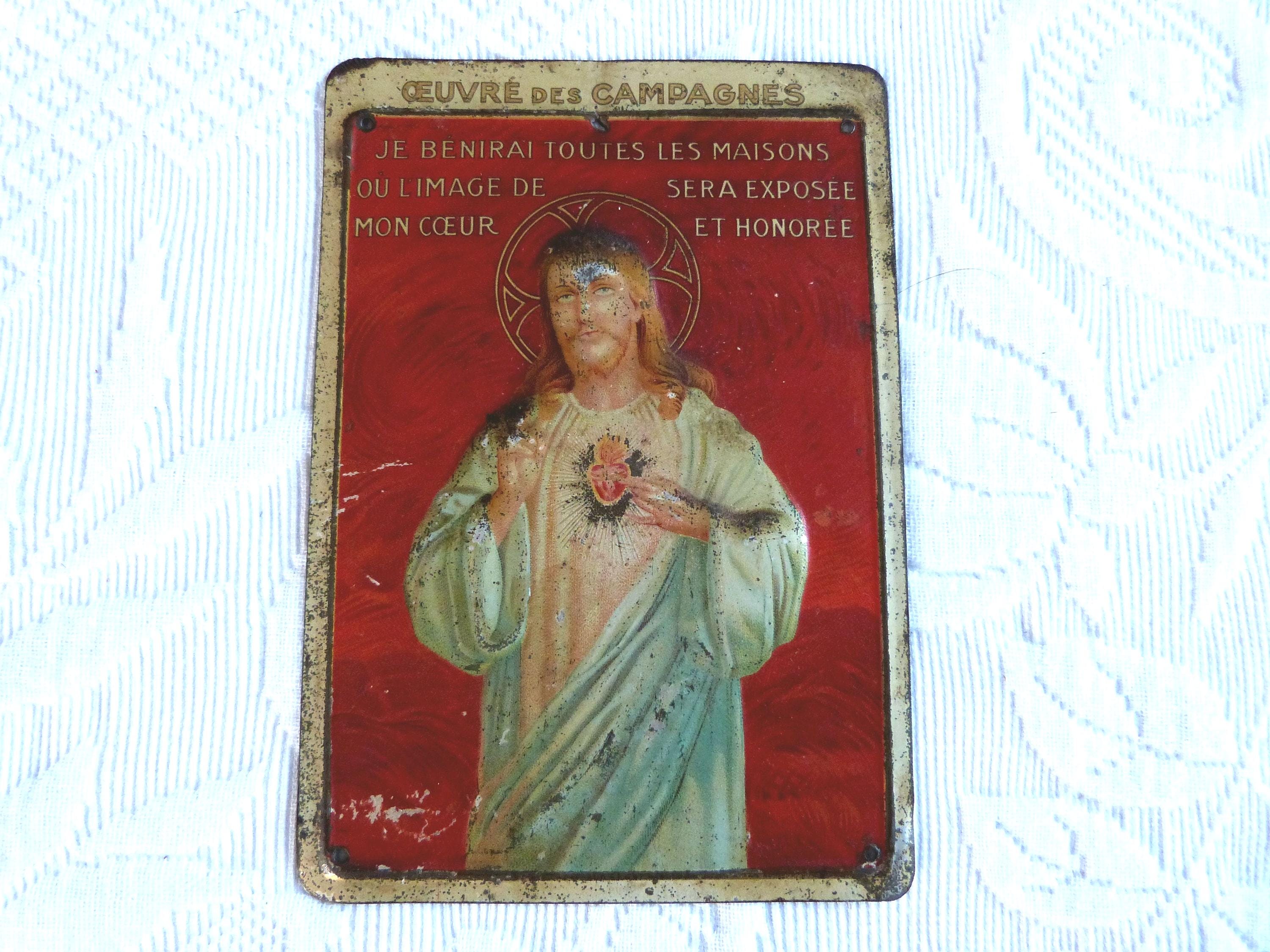 Antique French Ex voto sacred heart of Jesus Christ exvoto religious relic icon frame home protection tole 1900s religious devotional art