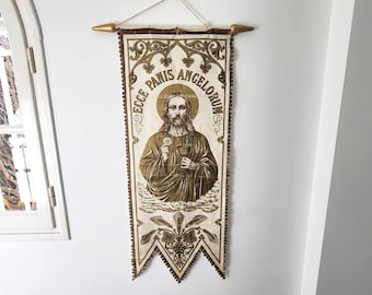 Antikes französisches Prozessionsbanner mit dem Heiligen Herzen Jesu Christi, handbedruckter Kirchenstoff, katholisches Geschenk