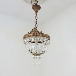 Antique French prism bronze chandelier lighting fixture hanging ceiling lighting prism lamp lantern w facetted crystal lustres beads