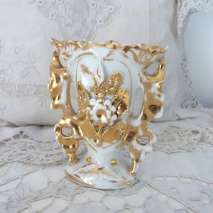 Antique French gilded porcelain vase w handpainted floral decor w gold paint 1800s French old porcelain of Paris wedding vase boudoir decor