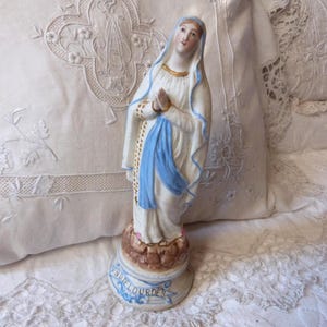Antique French Holy virgin Mary of Lourdes signed bisque religious statue sculpture madonna our lady of Lourdes w rosary, Holy Mother statue