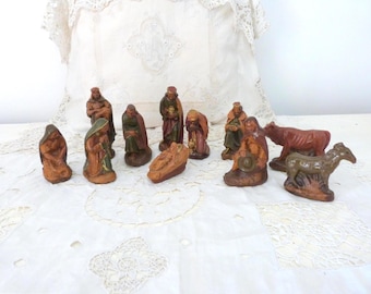 1900s Christmas nativity creche 11pc w child jesus, Mary, Joseph, 3 wisemen magi kings antique French handmade figurines, holiday home decor