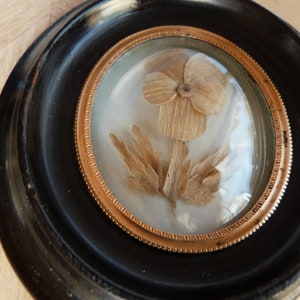 Mourning hair art frame Victorian hair memento mori Antique French handmade relic wooden frame blown glass, flower w human hair art 1800s image 8