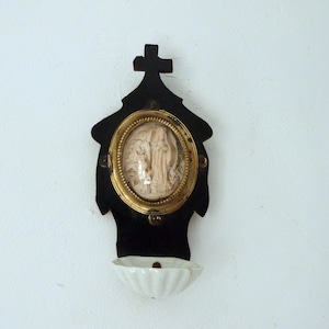 Holy water font Meerschaum, Antique French 1800s religious sculpture w our lady of Lourdes Holy virgin Mary, handcarved wooden frame w stoup