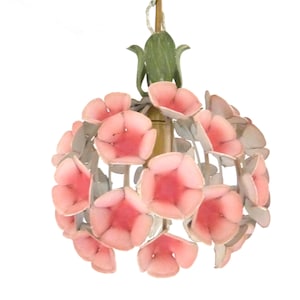 Vintage French toleware tole chandelier lamp w pink hydrangea floral tole lighting ceiling light fixture romantic cottage chic boudoir light