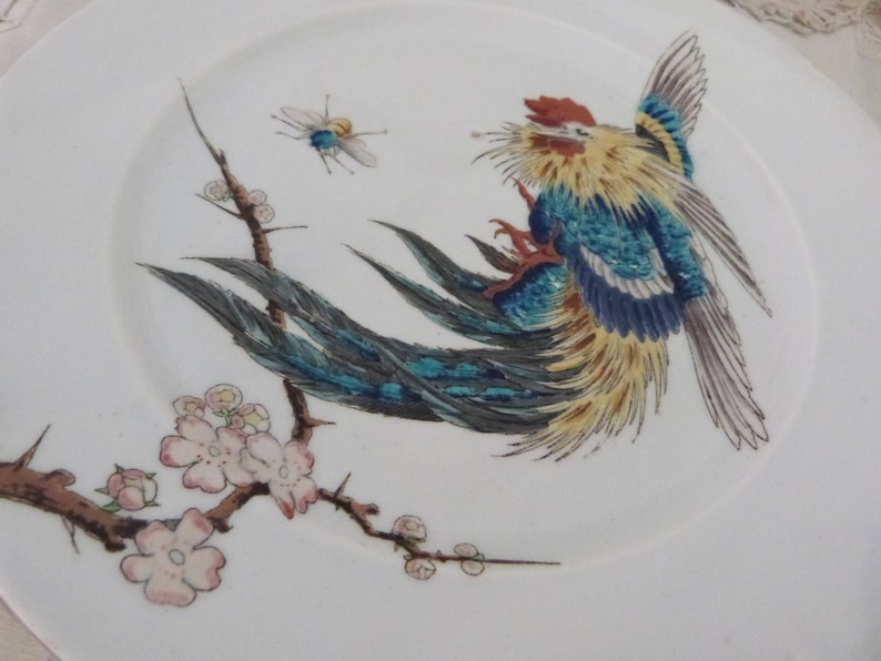 May include: A white ceramic plate with a hand-painted design of a blue and yellow bird with a long tail, perched on a branch with pink blossoms. A small blue and yellow insect is also painted on the plate.