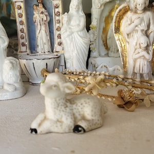 1900 handpainted ceramic sheep agnus dei nativity creche antique French easter lamb figurine Christmas tree stocking holiday home decor gift