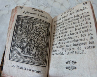 Tiny Antique French 1700s religious devotional prayer book missel w prints, prayers for pregnant women, agony, on handmade paper